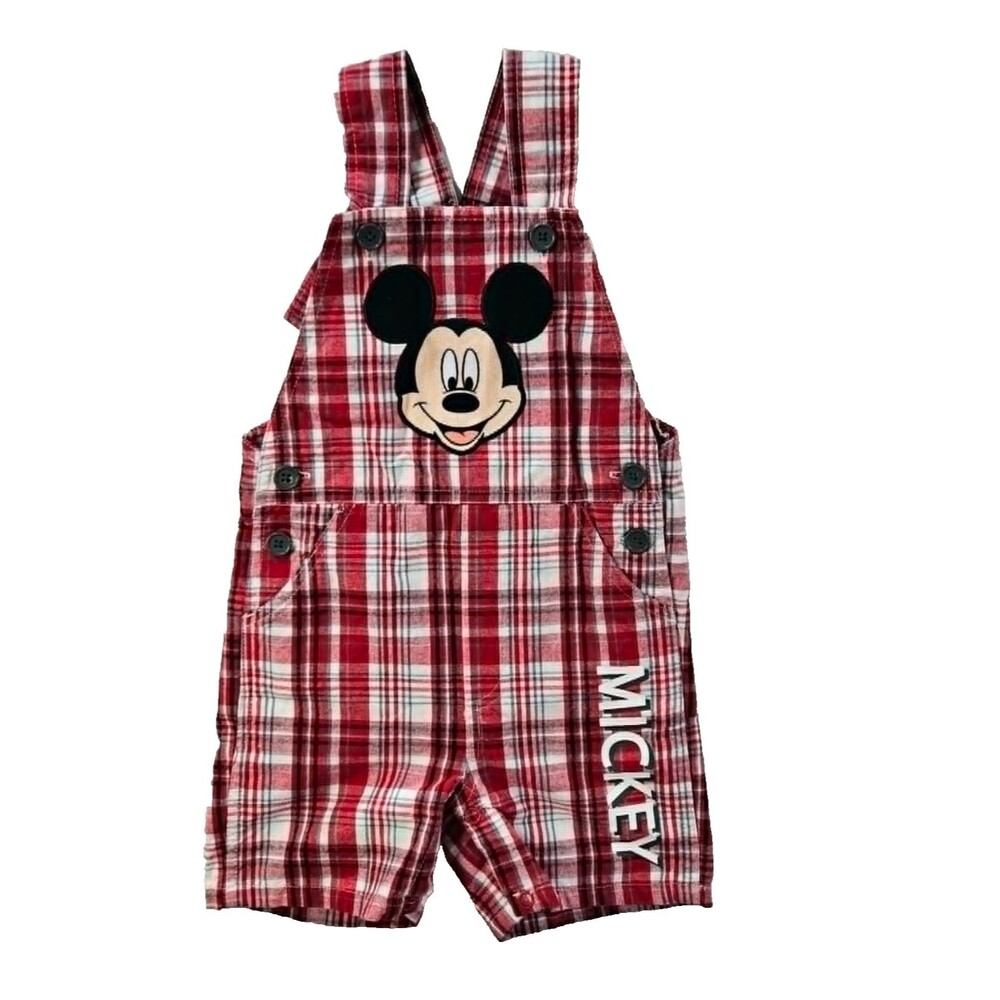Vintage Disney Baby Mickey Mouse Plaid Overalls Romper Red Plaid 24M Y2K Toddler